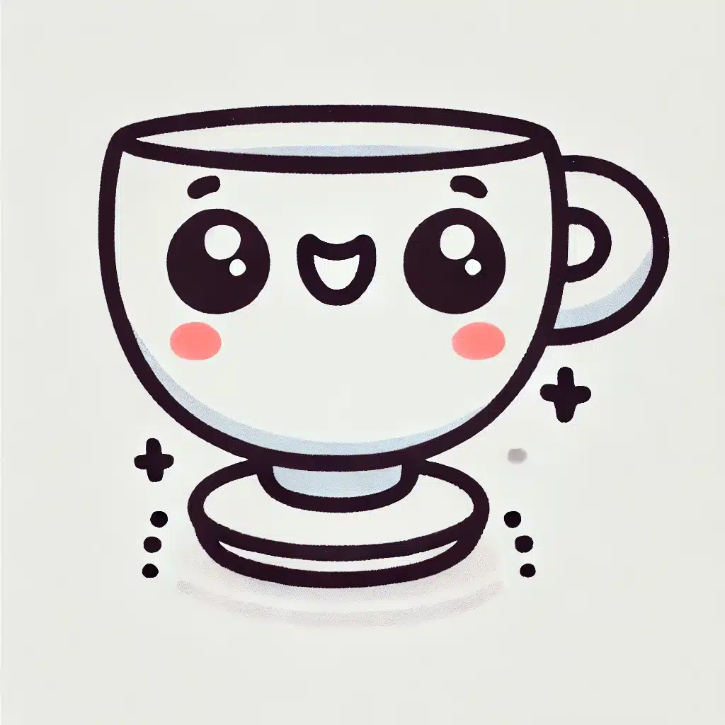 Cute and simple drawing of a cup with a round shape, handle, big friendly eyes, and a cheerful expression.