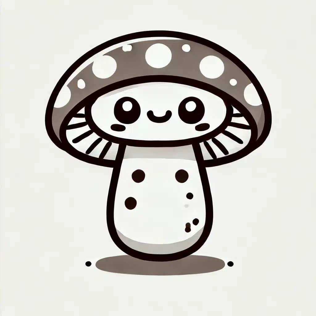 Cute and simple drawing of a mushroom with a round cap, small spots, big eyes, and a cheerful expression.