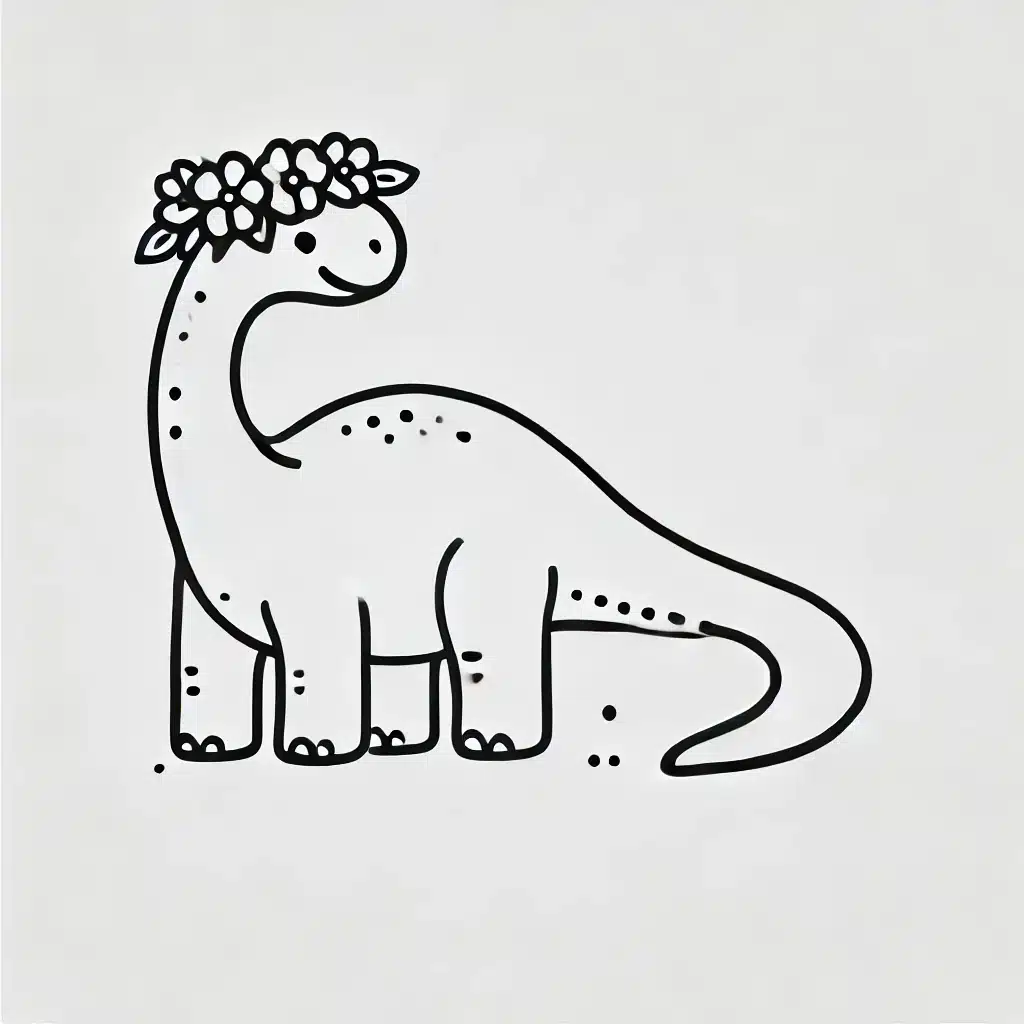 Simple and minimal line drawing of a Brontosaurus with a flower crown.