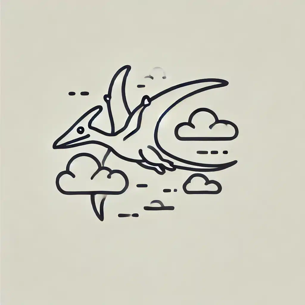 Simple and minimal line drawing of a Pterodactyl flying through the clouds.