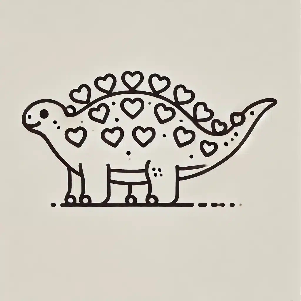 Simple and minimal line drawing of a Stegosaurus with heart-shaped plates.