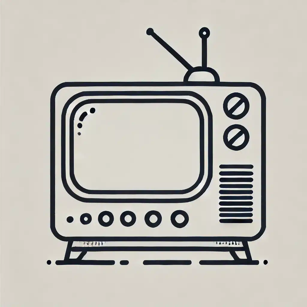 Simple and minimal line drawing of a TV with a rectangular screen, antenna on top, and simple controls like buttons or dials on the side.