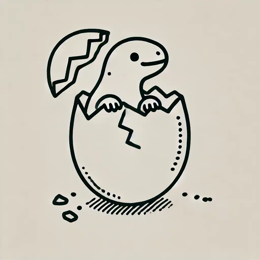 Simple and minimal line drawing of a baby dinosaur in an egg.