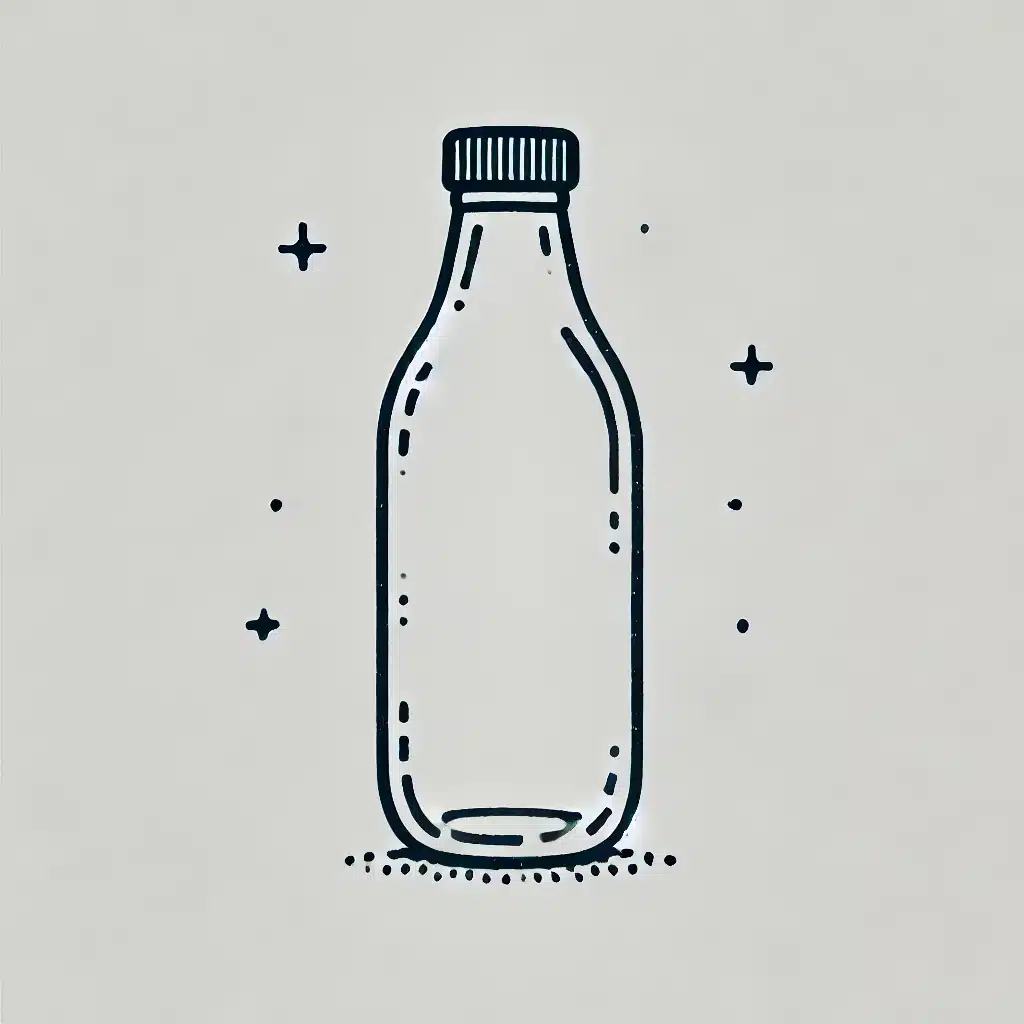 Simple and minimal line drawing of a bottle with a tall, narrow neck and a rounded body.