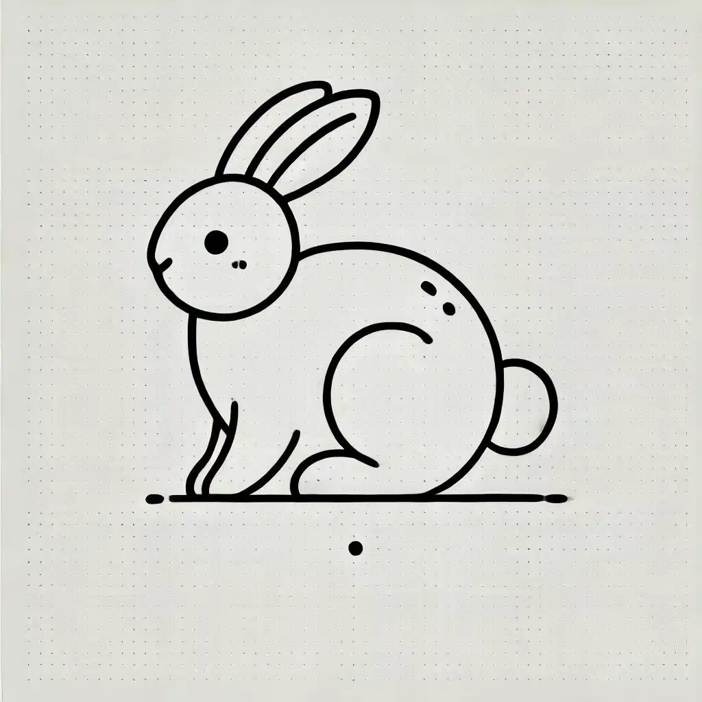 Simple and minimal line drawing of a bunny with a rounded body, long ears, and a small fluffy tail.