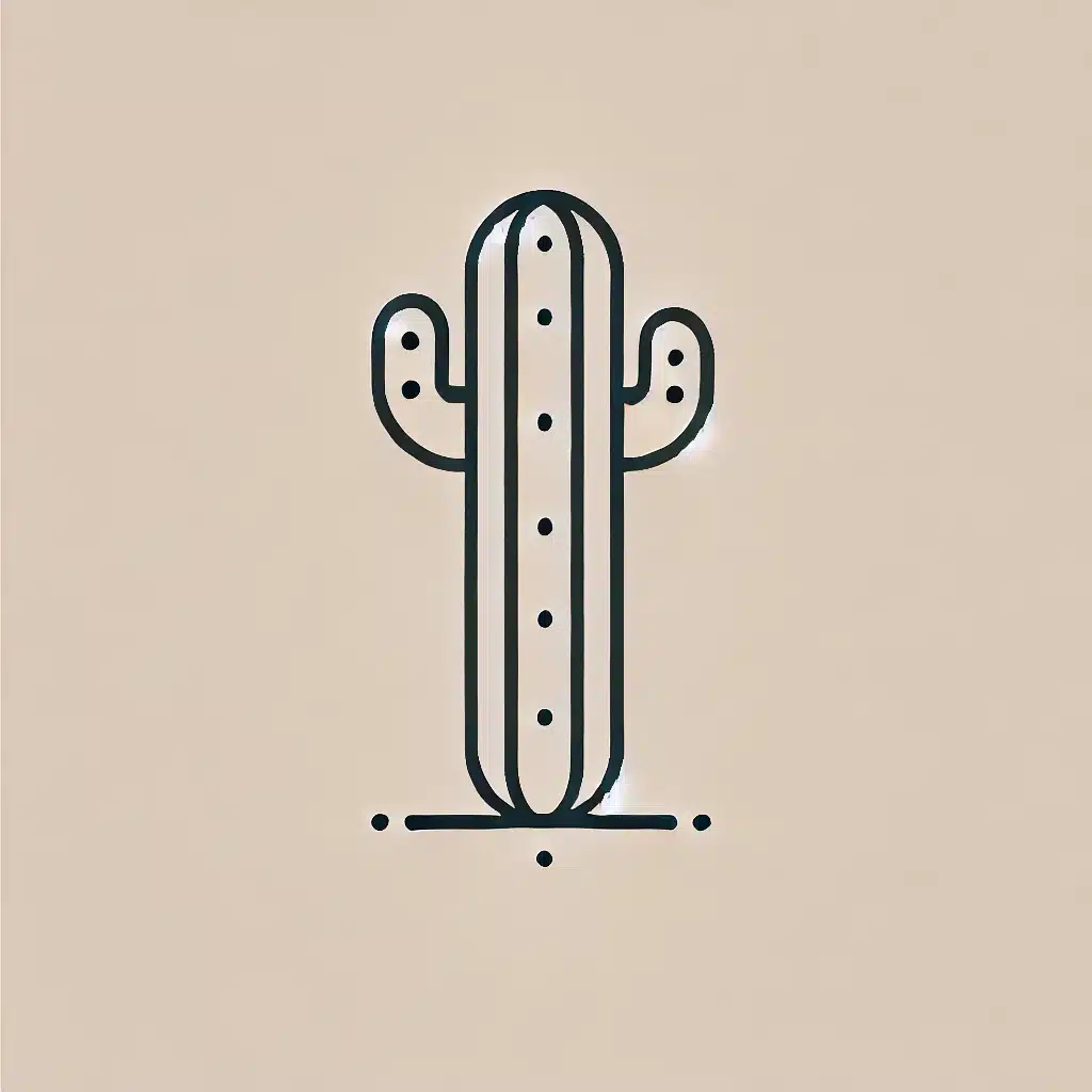 Simple and minimal line drawing of a cactus with a tall, rounded body and a few small arms.