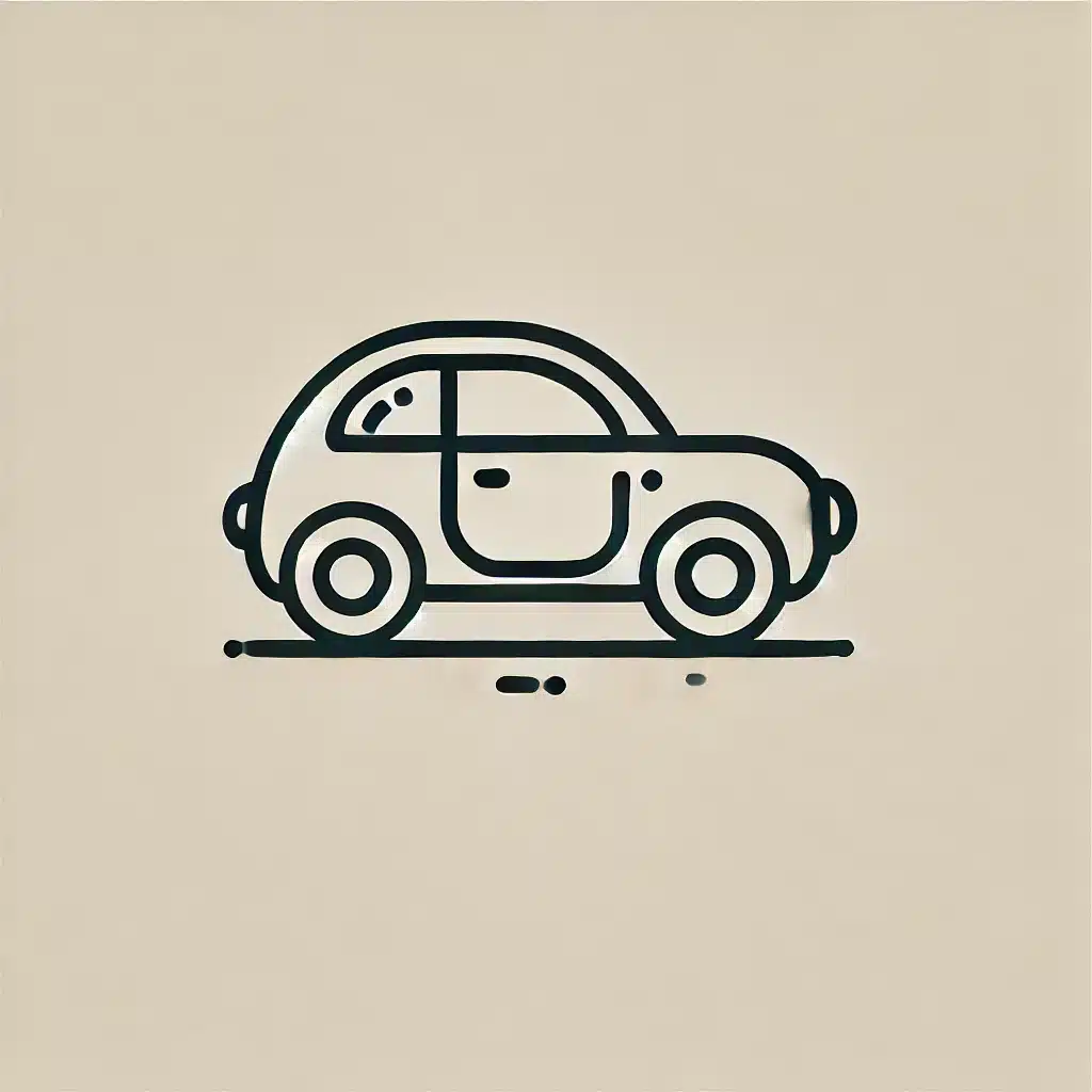 Simple and minimal line drawing of a car with a rounded shape, two wheels, simple windows, and a curved roof.