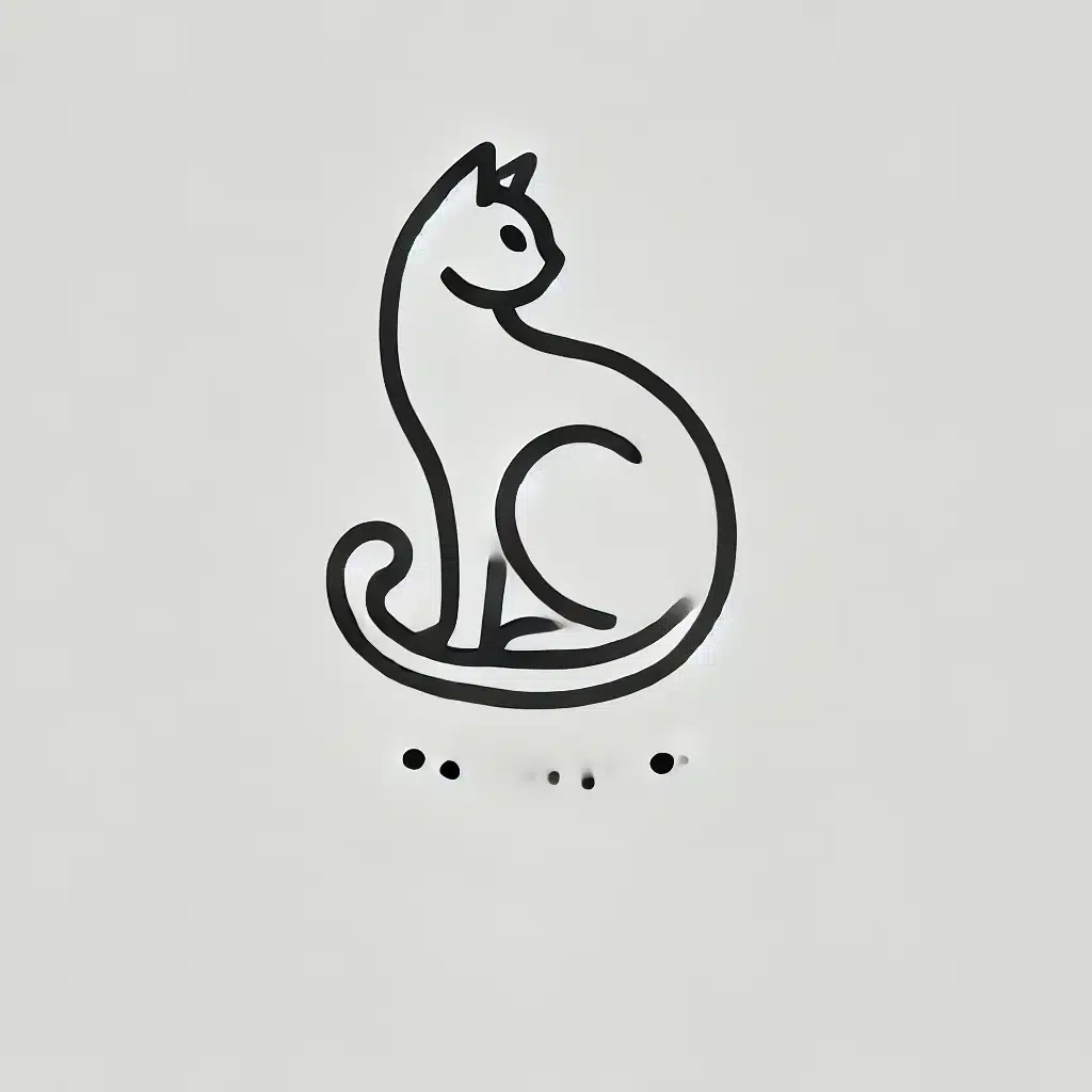 Simple and minimal line drawing of a cat silhouette sitting gracefully with its tail curled around its body.