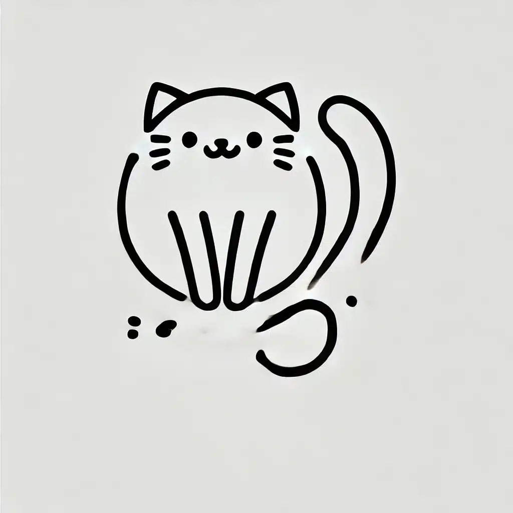 Simple and minimal line drawing of a cat with a rounded body, pointed ears, and a curled tail.