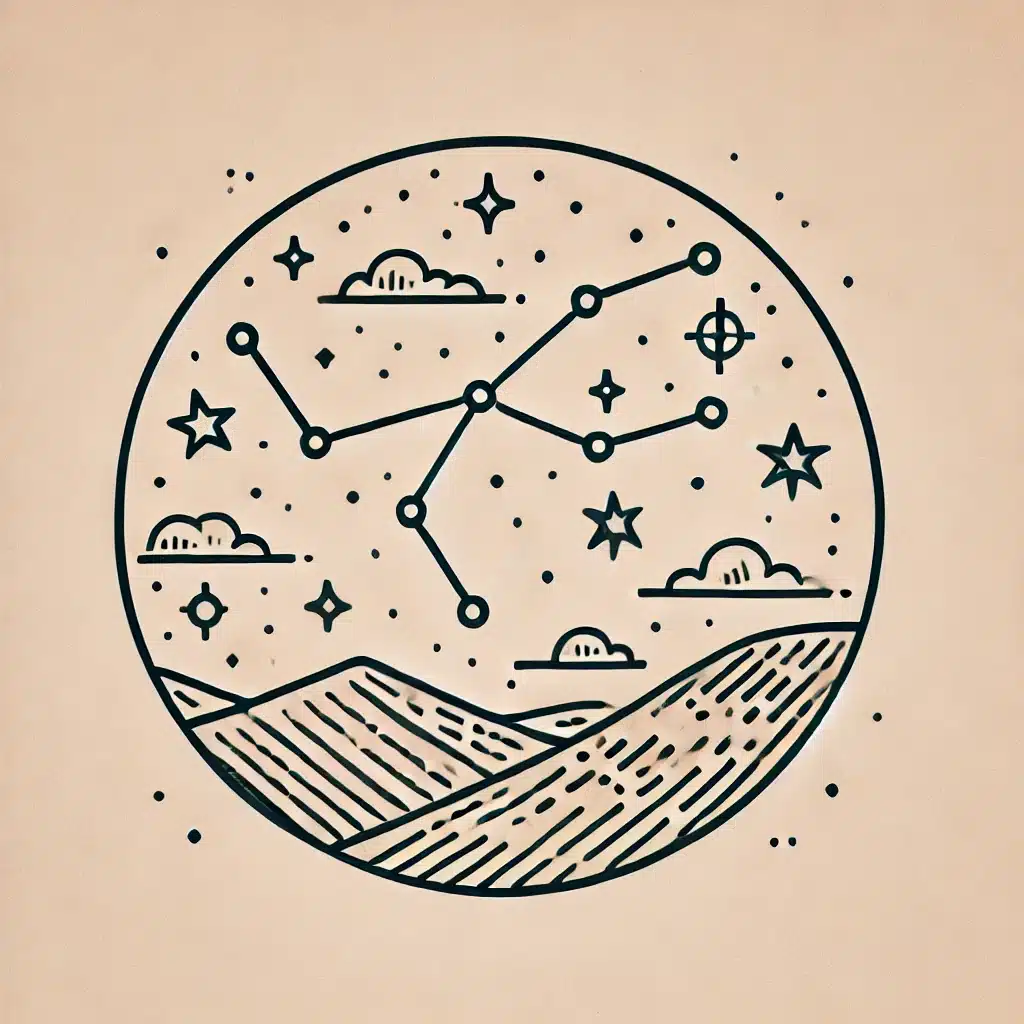 Simple and minimal line drawing of a celestial constellation map with stars connected by lines to form familiar shapes.