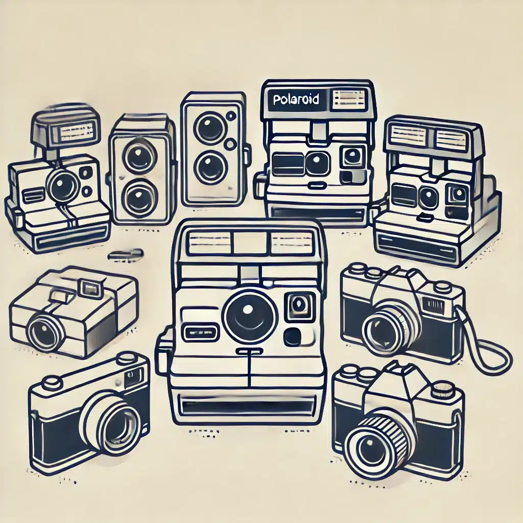 Simple and minimal line drawing of a collection of vintage Polaroid cameras, each with distinct shapes and simple details.