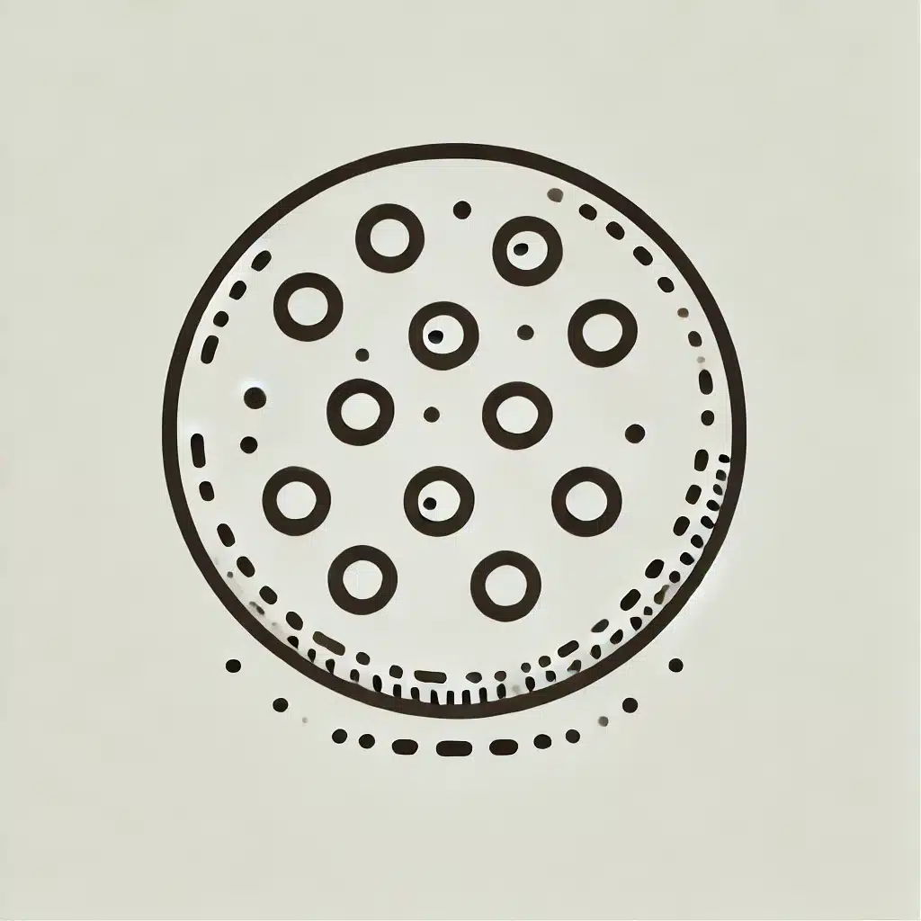 Simple and minimal line drawing of a cookie with a round shape and scattered chocolate chips.