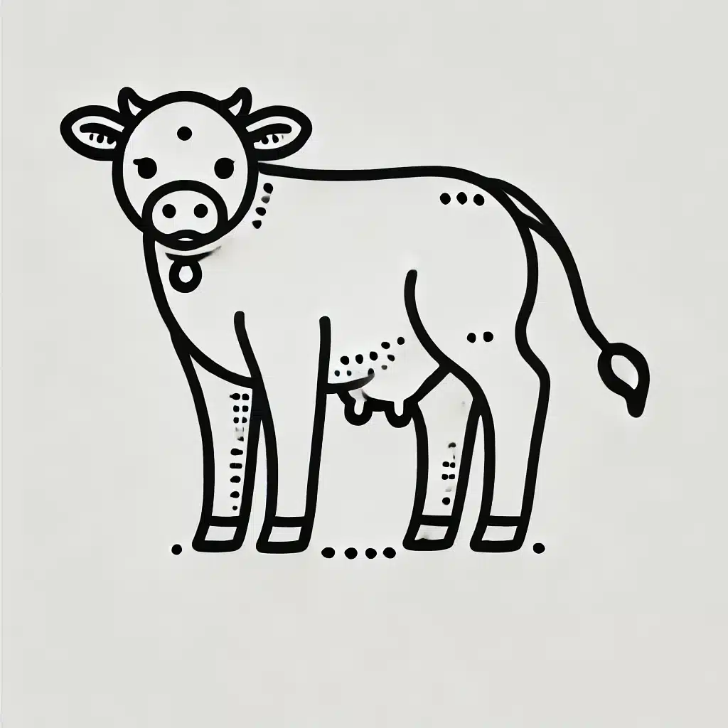 Simple and minimal line drawing of a cow with a rounded body, four legs, a small head with two horns, and a tail.