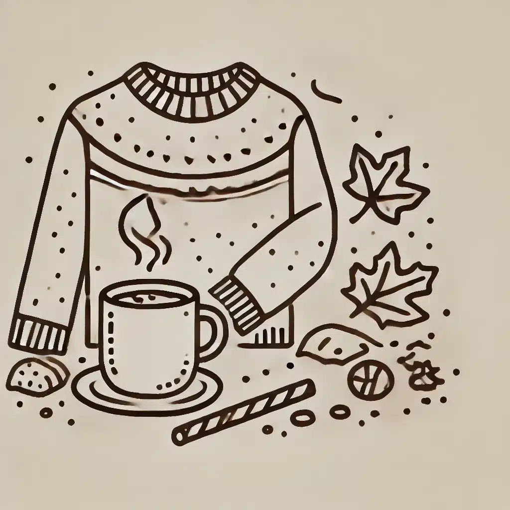 Simple and minimal line drawing of a cozy sweater weather scene with a warm sweater, steaming cup of hot cocoa, and autumn leaves.Simple and minimal line drawing of a cozy sweater weather scene with a warm sweater, steaming cup of hot cocoa, and autumn leaves.