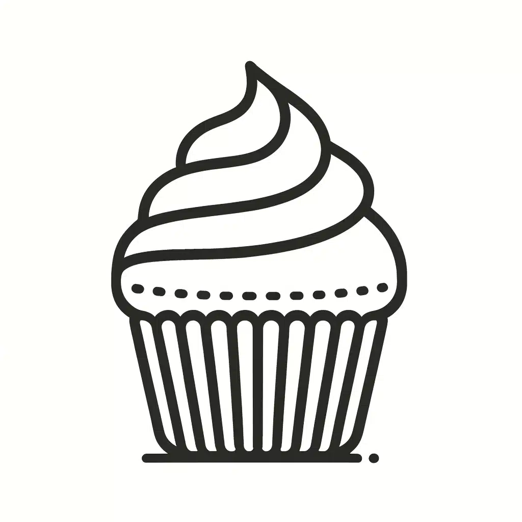 Simple and minimal line drawing of a cupcake with a rounded top, fluted liner, and swirl of frosting.