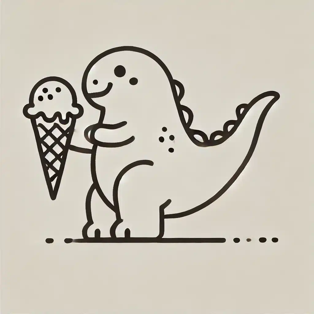 Simple and minimal line drawing of a dinosaur eating ice cream.