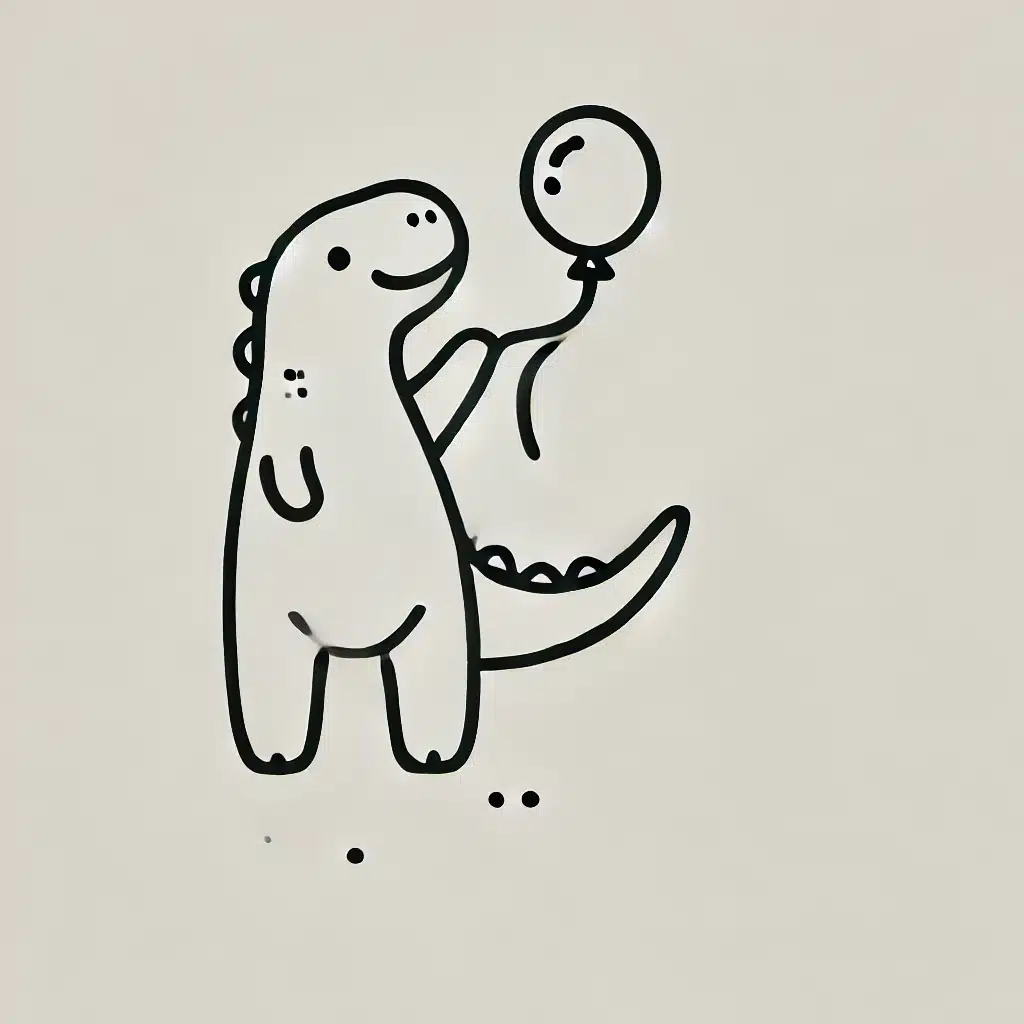 Simple and minimal line drawing of a dinosaur holding a balloon.