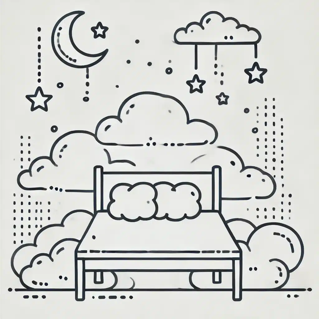 Simple and minimal line drawing of a dreamy bedroom with a bed floating on clouds, surrounded by stars and a crescent moon.