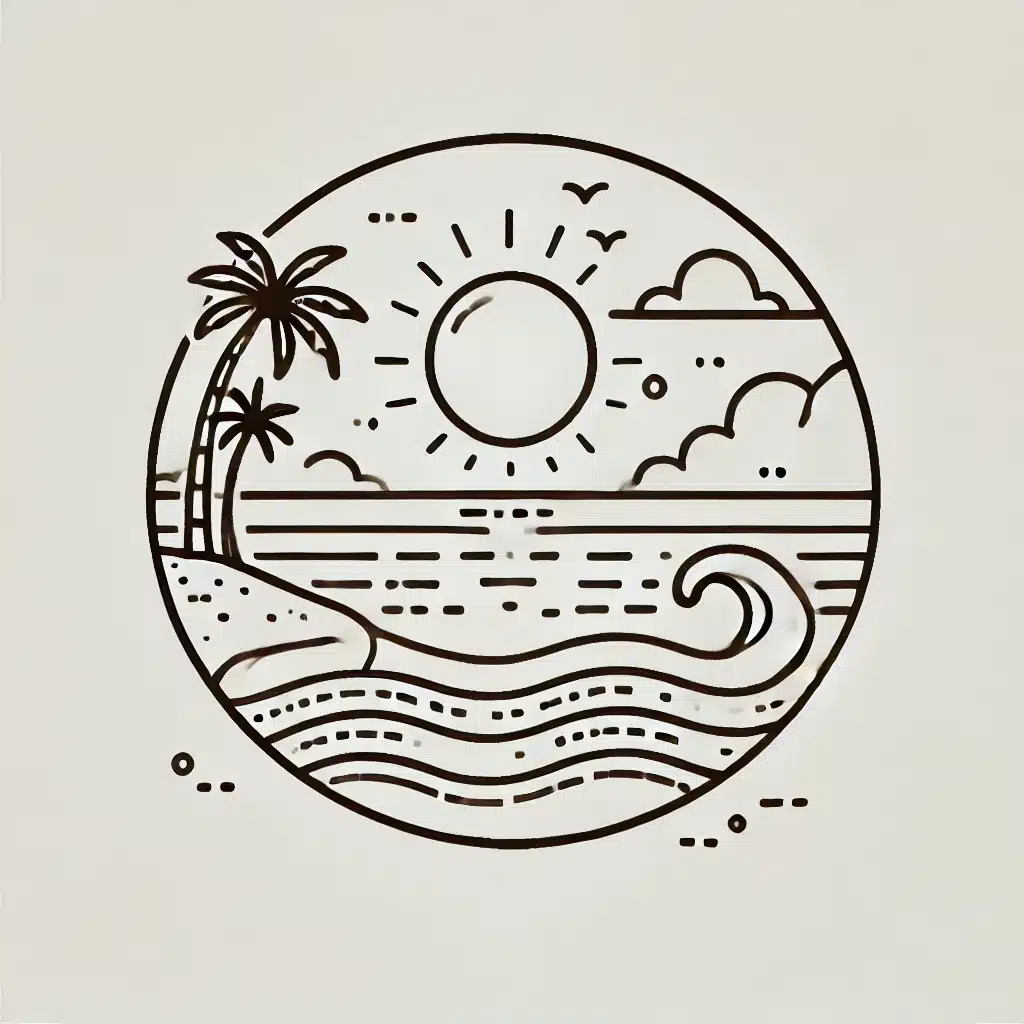 Simple and minimal line drawing of a dreamy sunset beach with gentle waves, a setting sun, and palm trees.