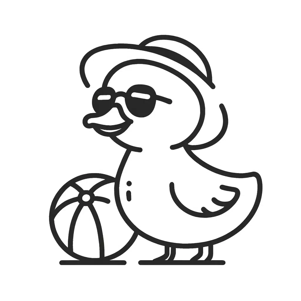 Simple and minimal drawing of a duckling enjoying summer, wearing sunglasses and a sunhat, with a beach ball beside it.