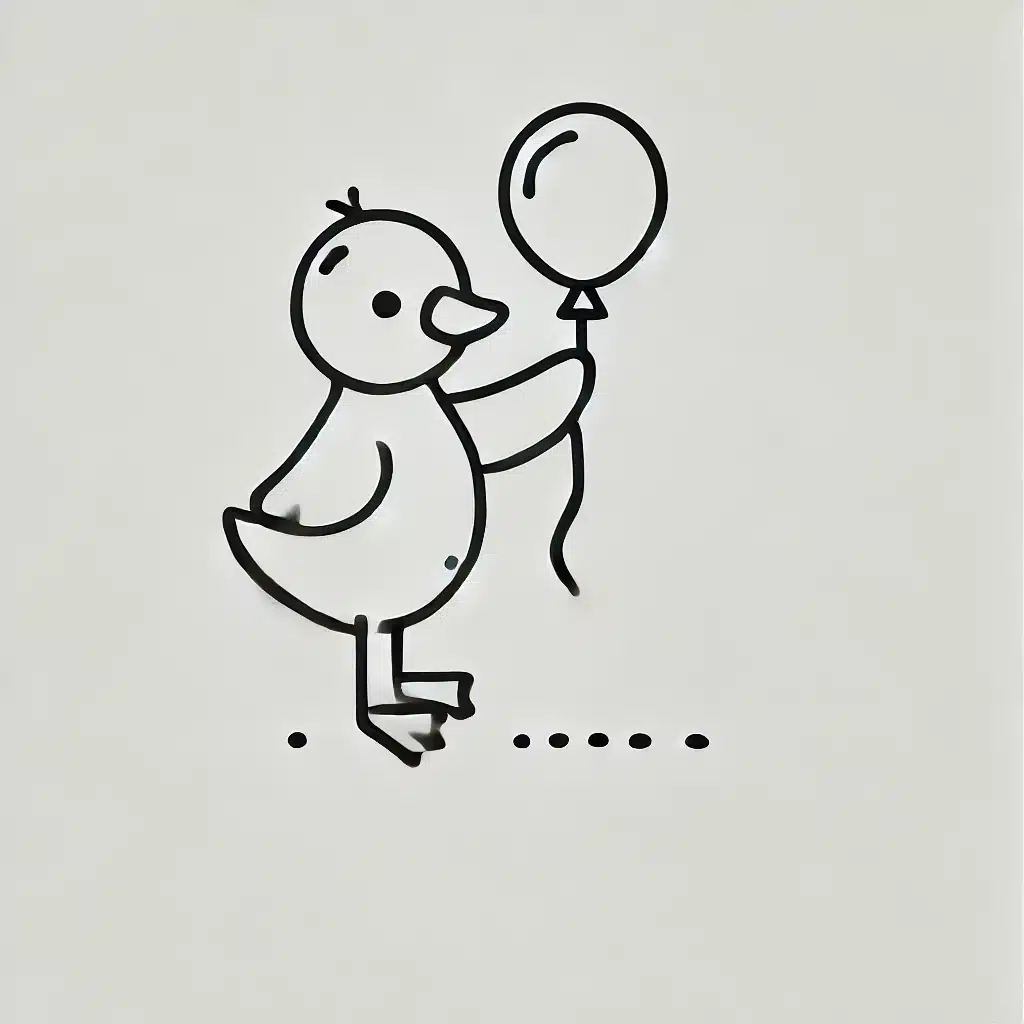 Simple and minimal drawing of a duckling holding a balloon, standing upright.