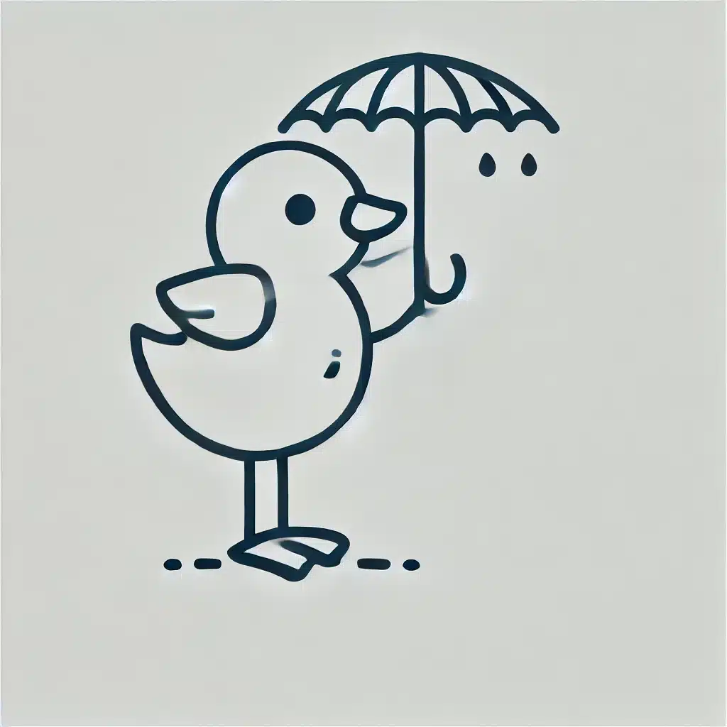 Simple and minimal drawing of a duckling holding an umbrella, standing upright.