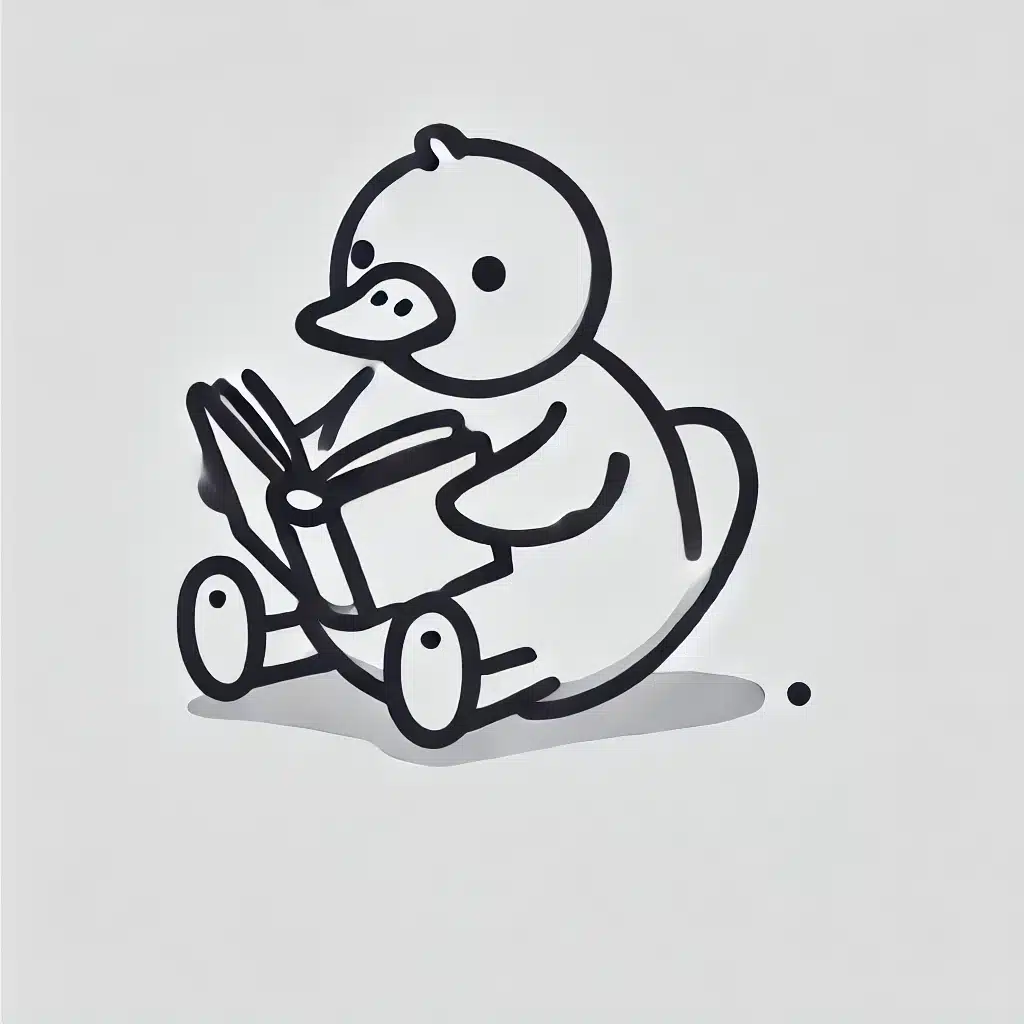 Simple and minimal drawing of a duckling reading a book, sitting down.