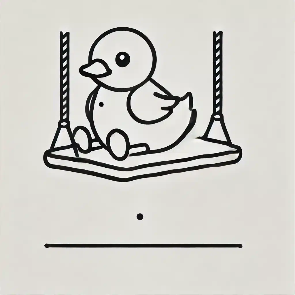 Simple and minimal drawing of a duckling sitting on a swing, holding the ropes with its wings.