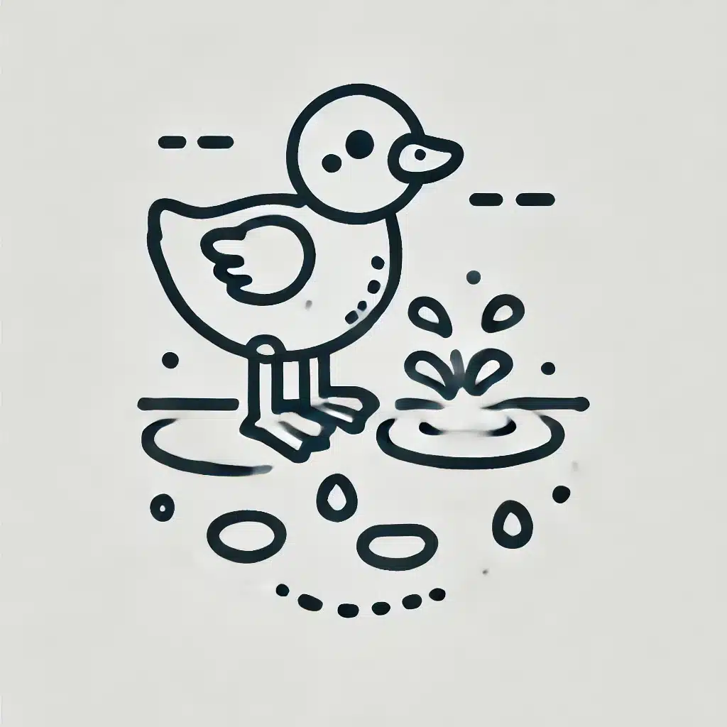 Simple and minimal drawing of a duckling splashing in puddles, standing upright.