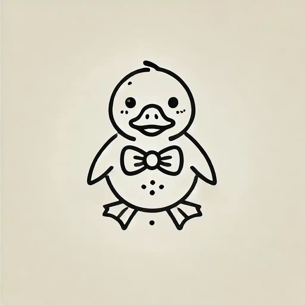 Simple and minimal drawing of a duckling wearing a bow tie, standing upright.