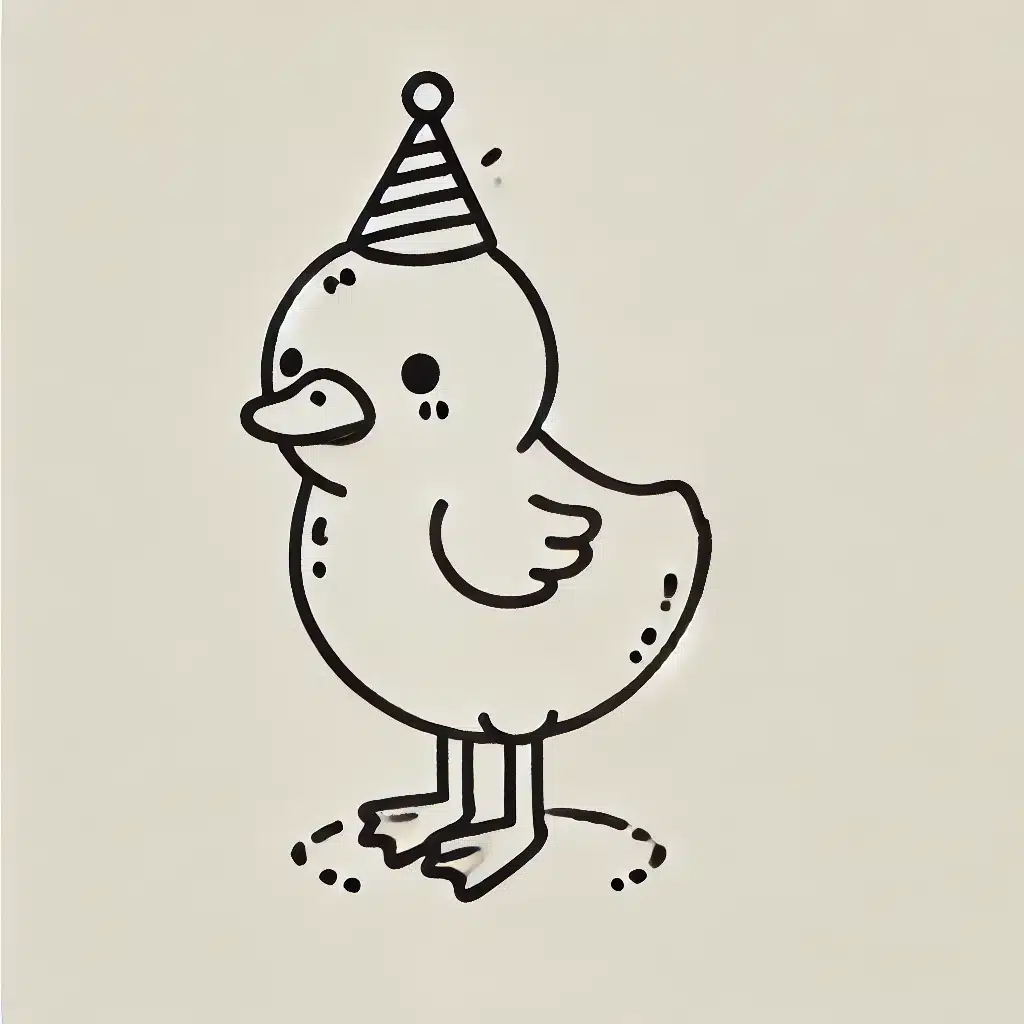 Simple and minimal drawing of a duckling wearing a party hat, standing upright.