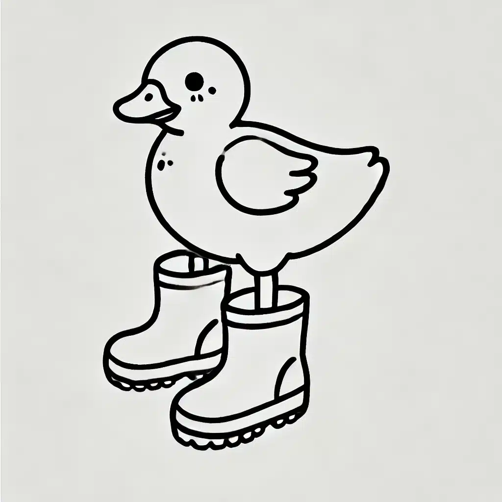 Simple and minimal drawing of a duckling wearing rain boots, standing upright.