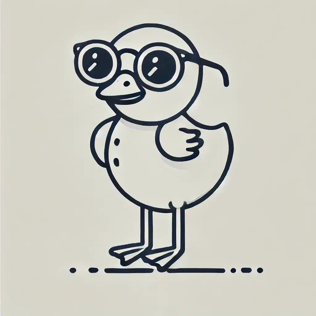 Simple and minimal drawing of a duckling wearing sunglasses, standing upright.