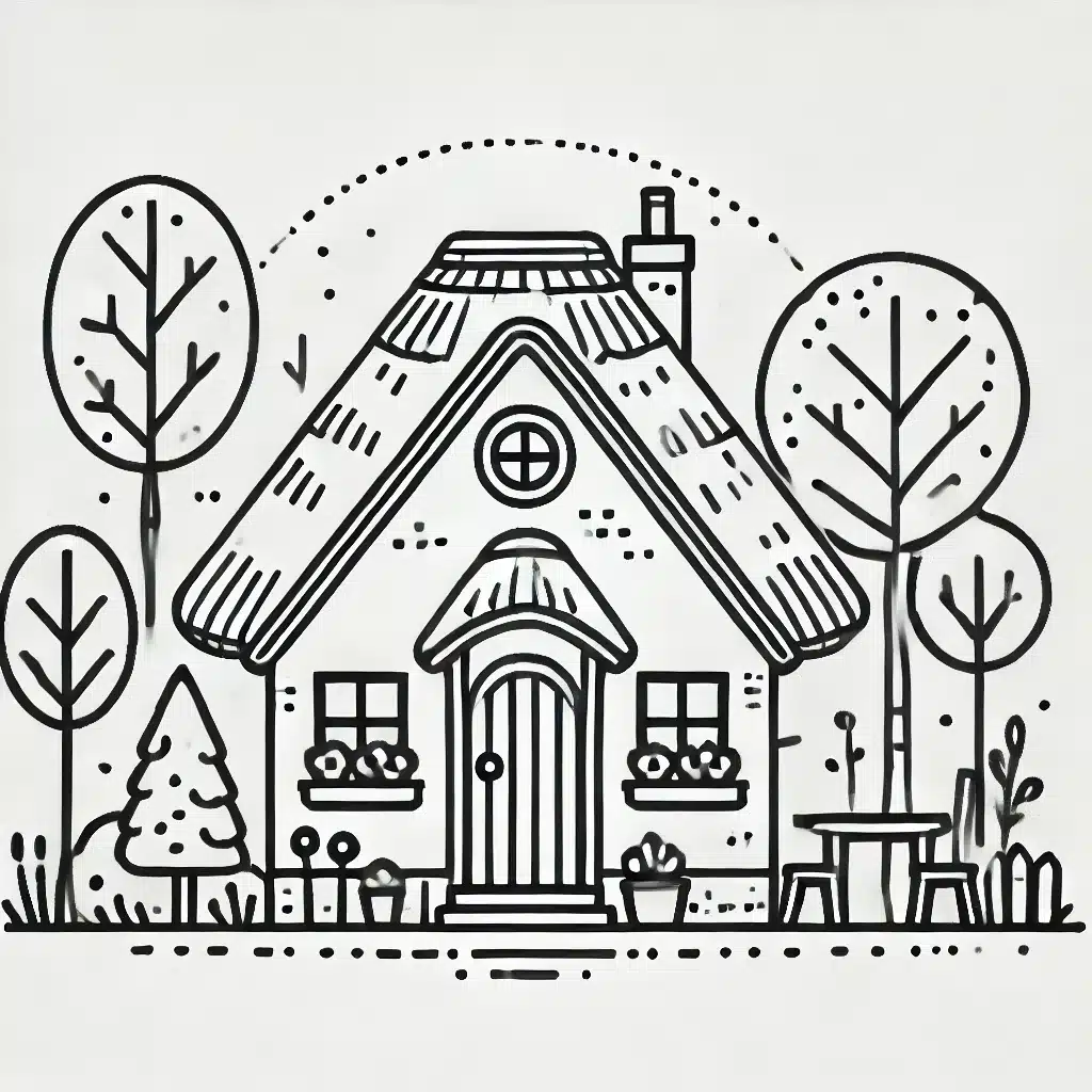 Simple and minimal line drawing of a fairy tale cottage with a thatched roof, rounded windows, and a chimney, surrounded by trees and a small garden.