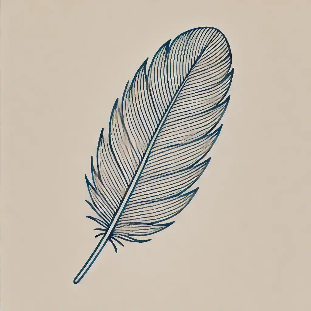 Simple and minimal line drawing of a feather with fine details, including curved barbs and a central shaft.