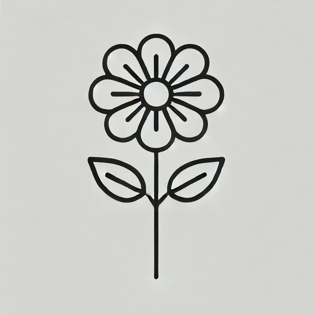 Simple and minimal line drawing of a flower with a round center, five petals, a stem, and two small leaves.