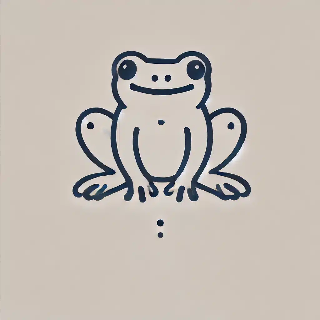 Simple and minimal line drawing of a frog with a rounded body, short legs, and distinct features.