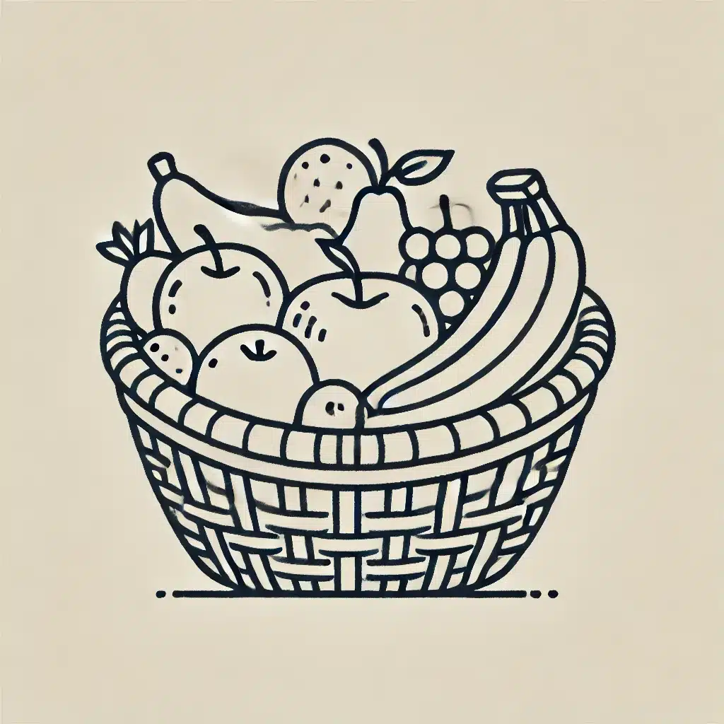 Simple and minimal line drawing of a fruit basket containing different types of fruit, like apples, bananas, and grapes.