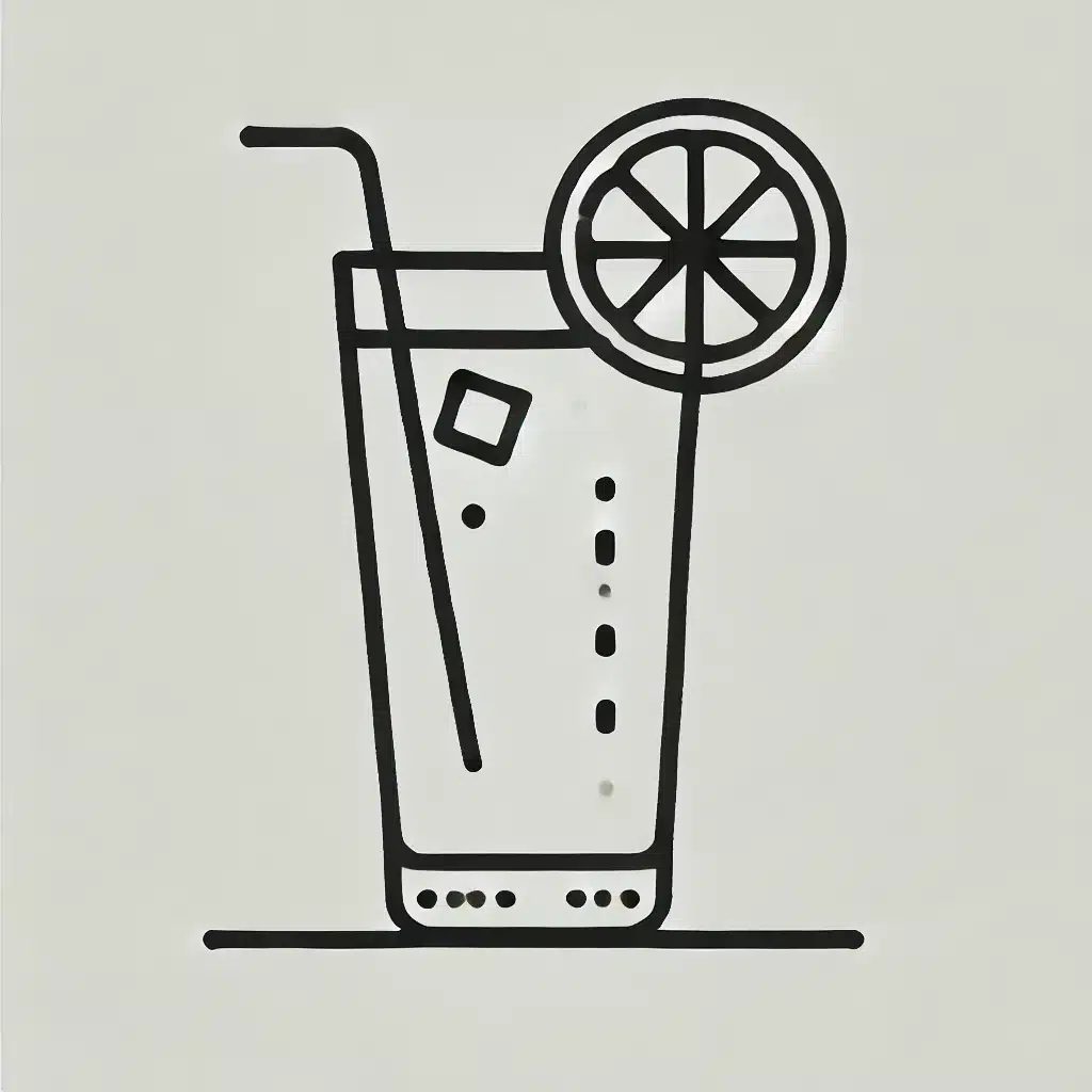 Simple and minimal line drawing of a glass of lemonade with a straw and a slice of lemon on the rim.