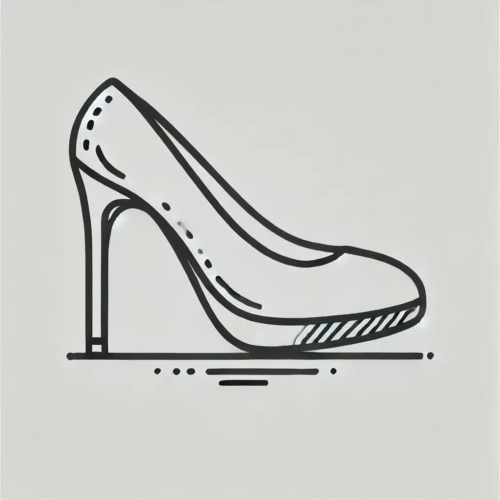 Simple and minimal line drawing of a high heel shoe with a slender heel, curved shape, and basic features.