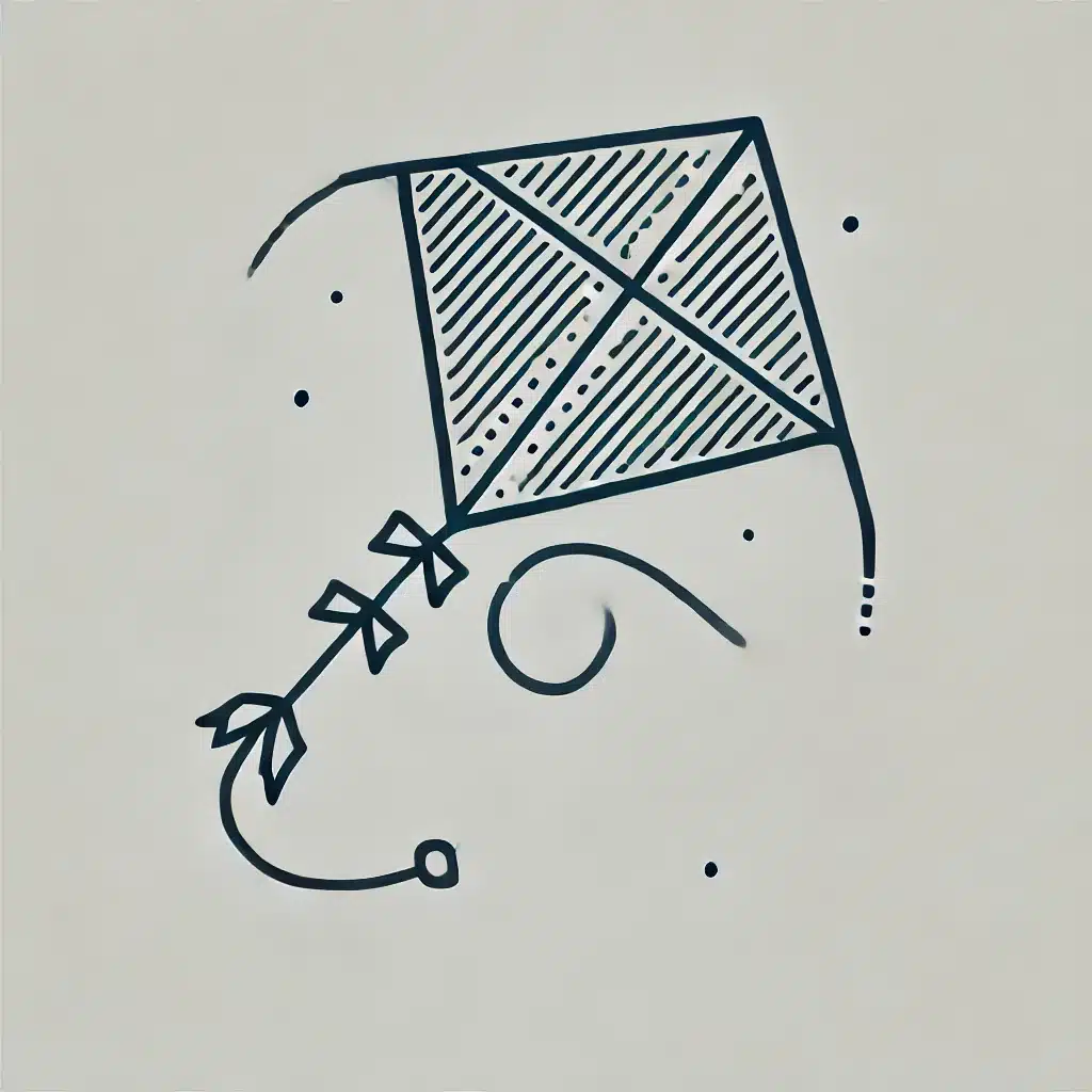 Simple and minimal line drawing of a kite with a diamond-shaped body, a tail with bows, and a string.