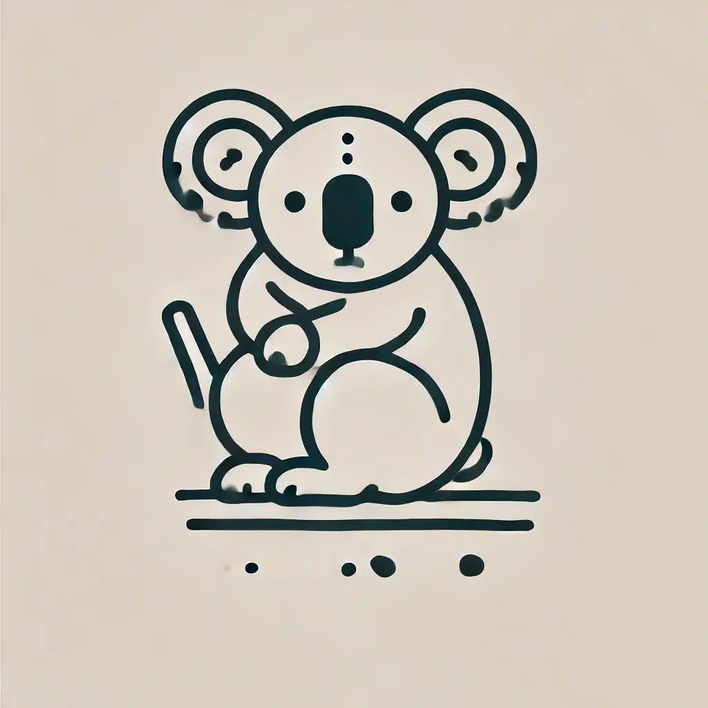 Simple and minimal line drawing of a koala with a rounded body, large ears, and a small nose, holding onto a branch.