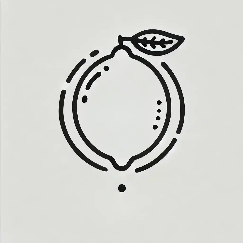 Simple and minimal line drawing of a lemon with an oval shape and a small leaf attached to the top.