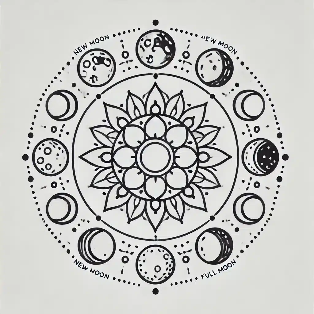 Simple and minimal line drawing of a lunar phases mandala, featuring the different phases of the moon arranged in a circular pattern.