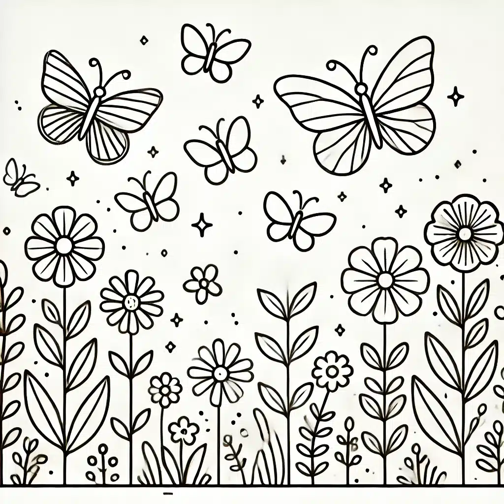 Simple and minimal line drawing of a magical butterfly garden with flowers, leaves, and butterflies.