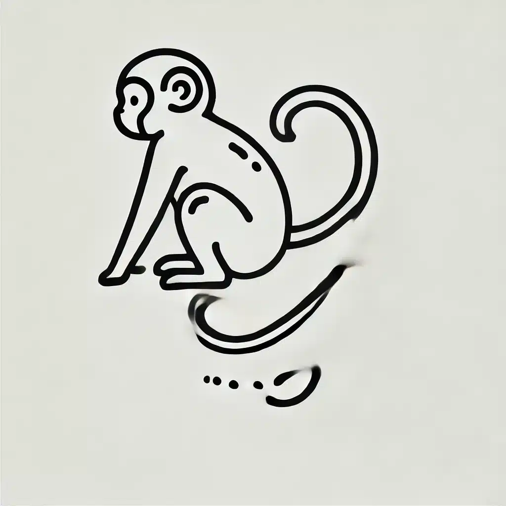 Simple and minimal line drawing of a monkey with a rounded body, long tail, and small ears.