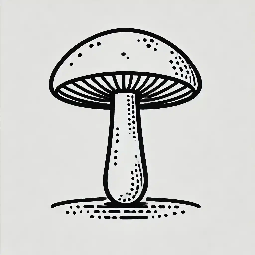 Simple and minimal line drawing of a mushroom with a rounded cap and a short stem.