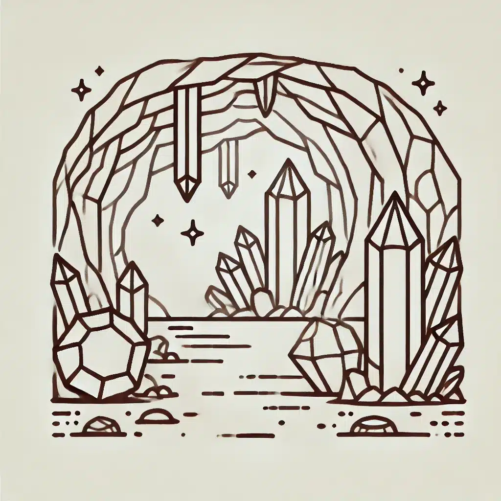 Simple and minimal line drawing of a mystical crystal cave with large jagged crystals and a rounded cave entrance.