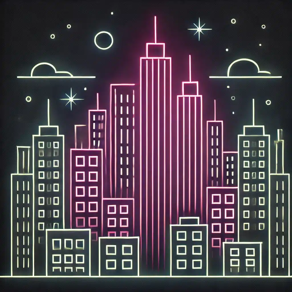 Simple and minimal line drawing of a neon city skyline with tall buildings and glowing windows, capturing the energy of a city at night.