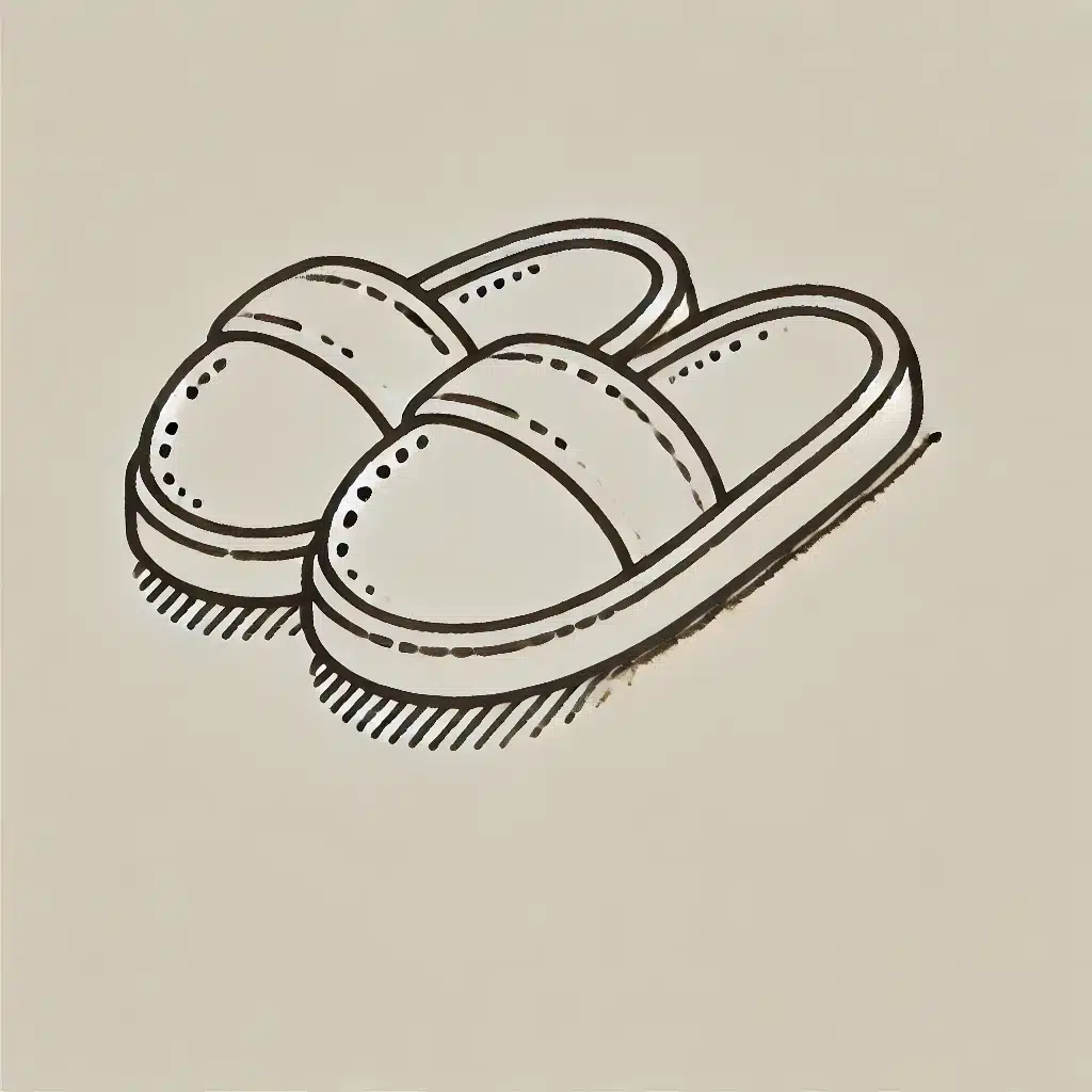 Simple and minimal line drawing of a pair of slippers with rounded shapes and simple straps across the top.